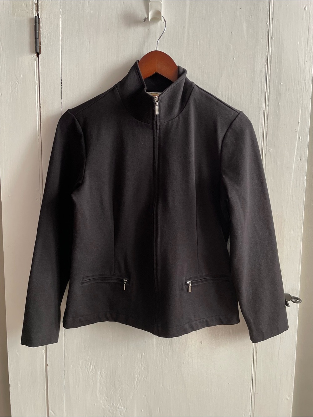 Cotton Blend Tailored Seam Mock Neck Jacket Full Zip Front Pockets Size S
